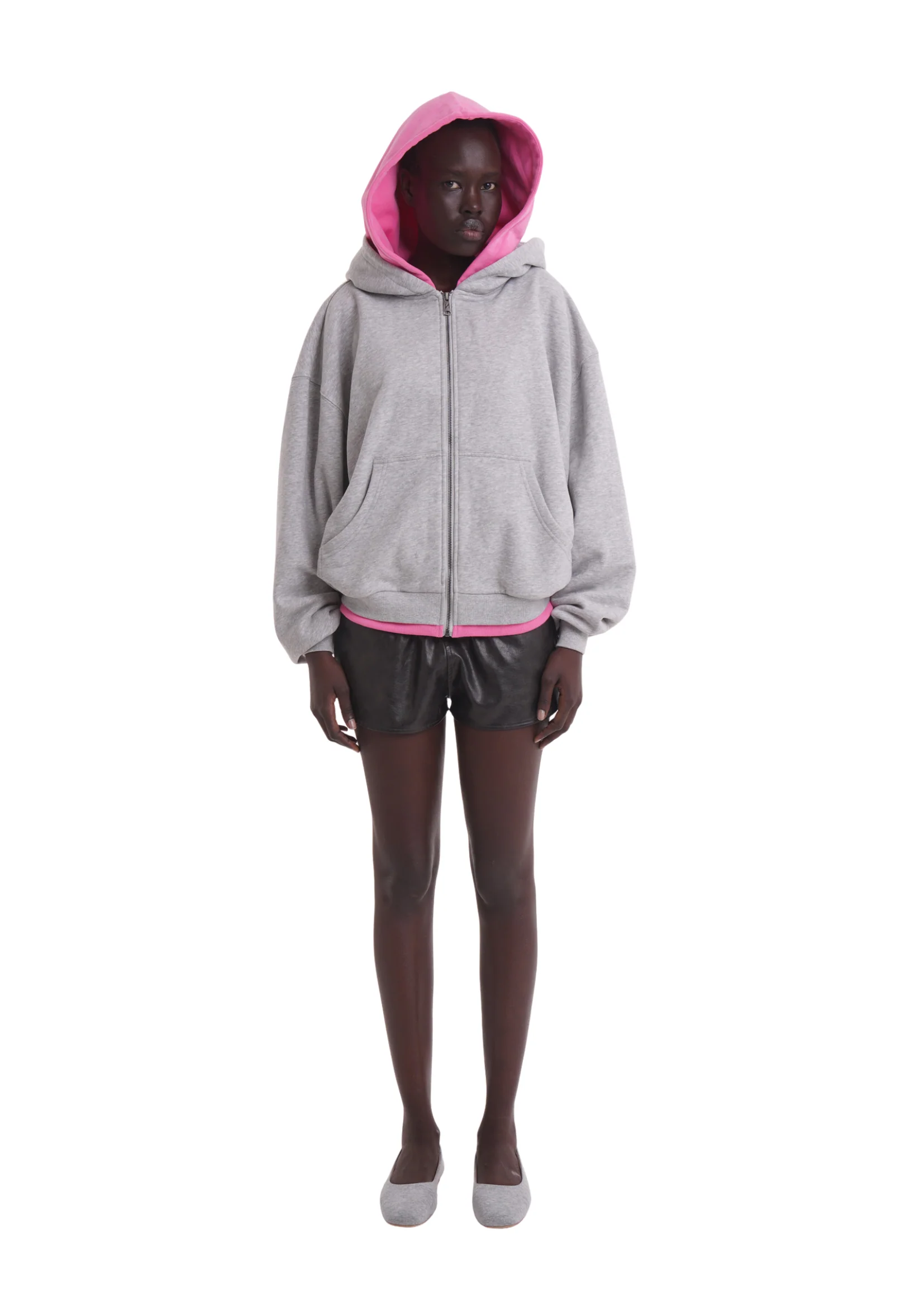LAYERED ZIP UP HOODIE IN GREY & PINK - Image 2