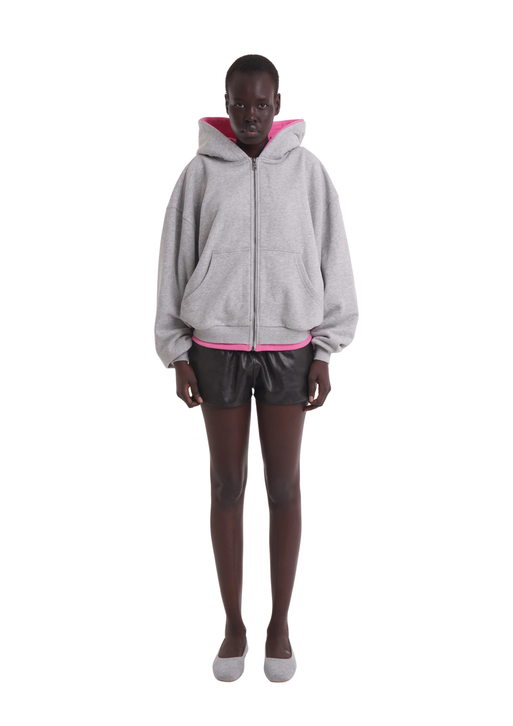 LAYERED ZIP UP HOODIE IN GREY & PINK - Image 5