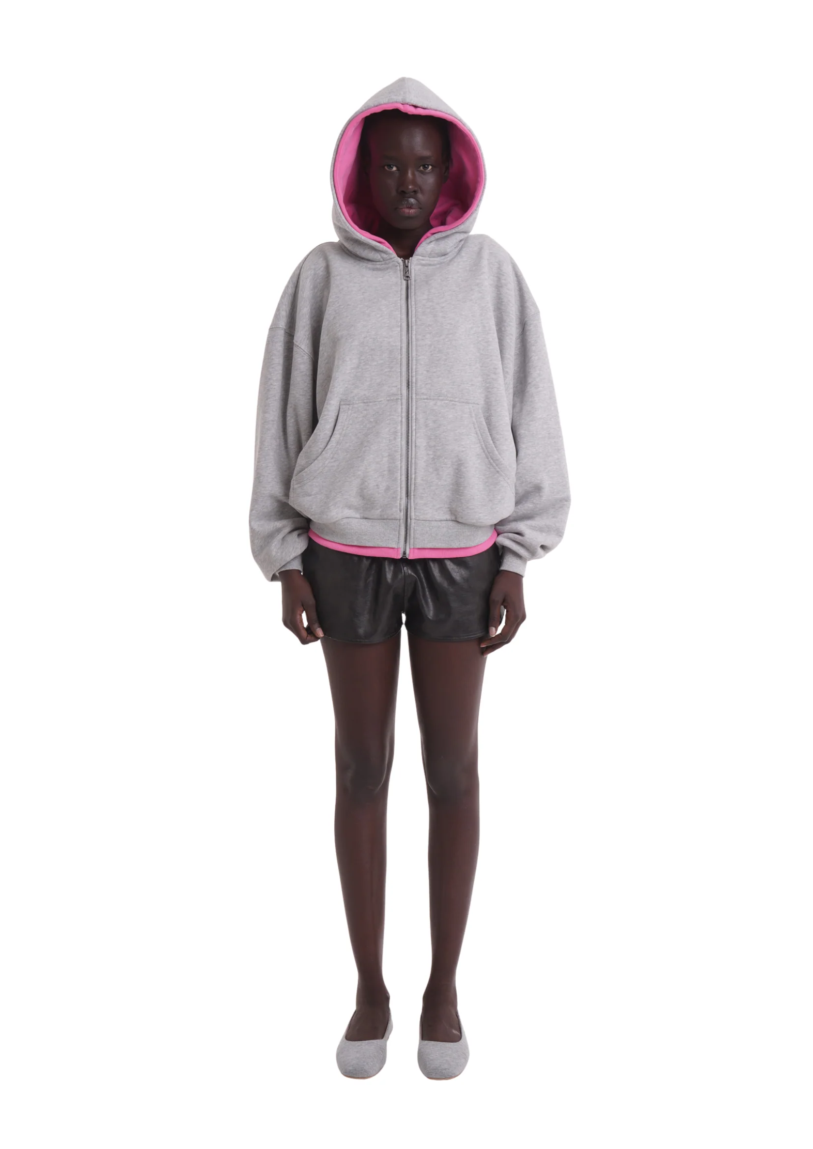 LAYERED ZIP UP HOODIE IN GREY & PINK - Image 6