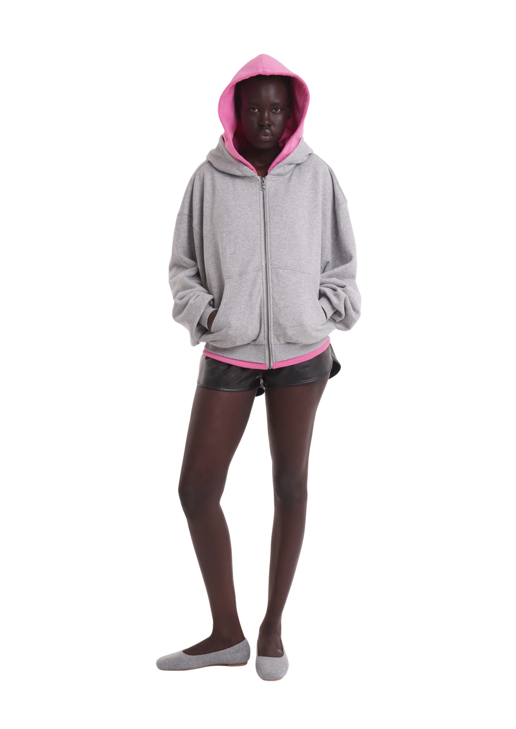 LAYERED ZIP UP HOODIE IN GREY & PINK - Image 7