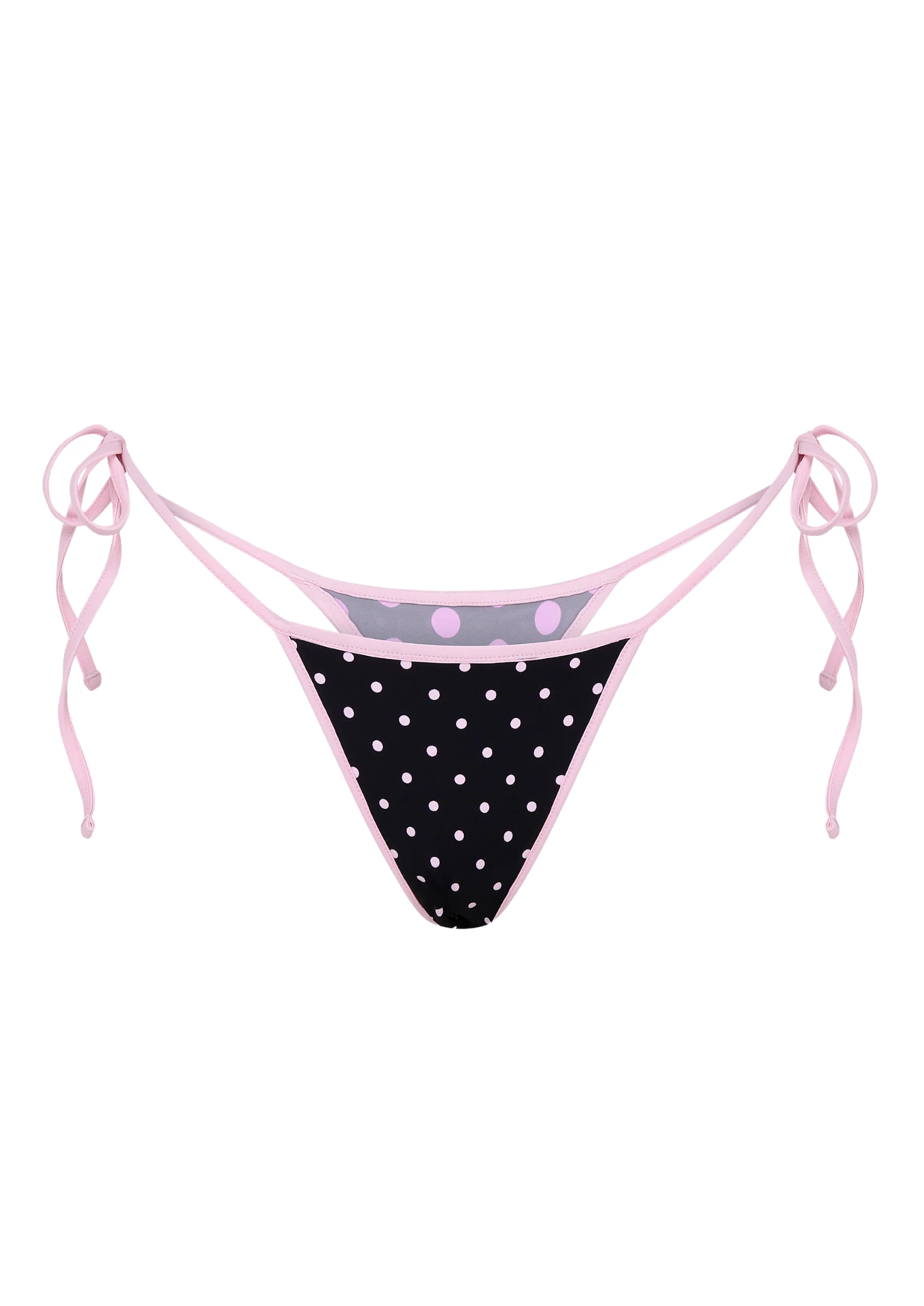 POLKA TRIANGLE BIKINI THONG IN REVERSE GREY, BLACK & PINK - Image 2